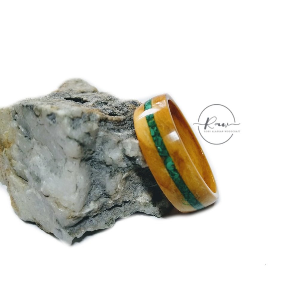 Olivewood and Malachite Bentwood Ring